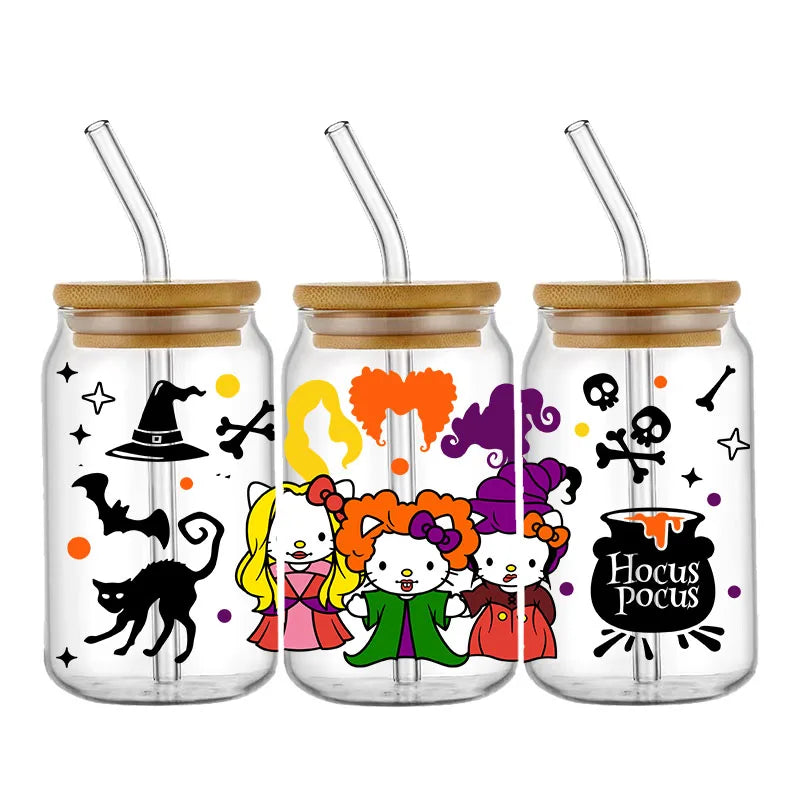 Pegatinas DIY Halloween Hello Kitty 450 ml – Autoadhesivas, Lavables para Vasos y Botella