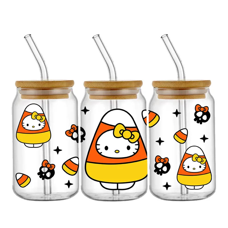 Pegatinas DIY Halloween Hello Kitty 450 ml – Autoadhesivas, Lavables para Vasos y Botella