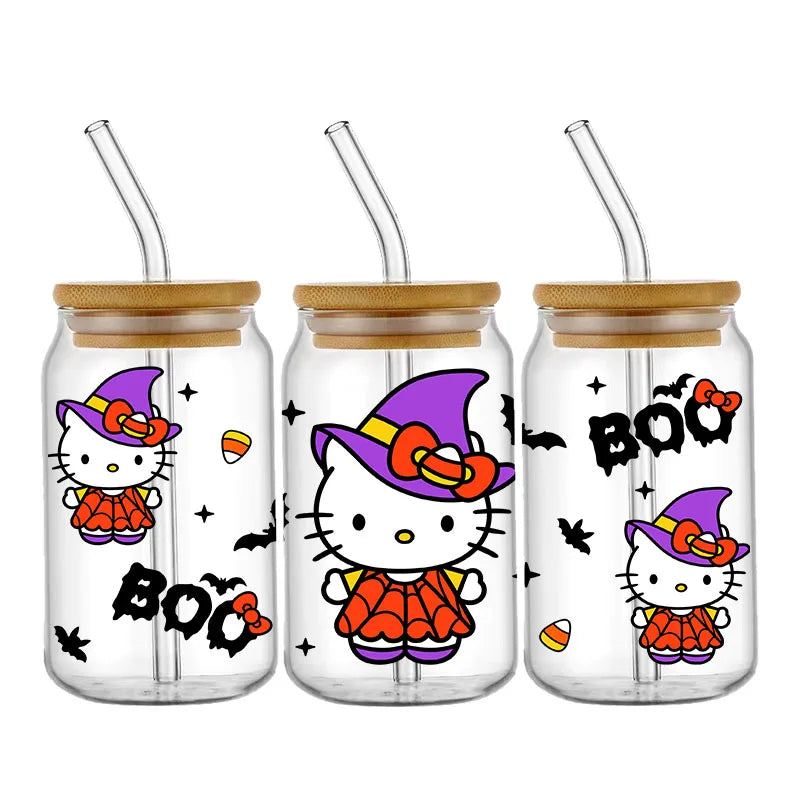 Pegatinas DIY Halloween Hello Kitty 450 ml – Autoadhesivas, Lavables para Vasos y Botella