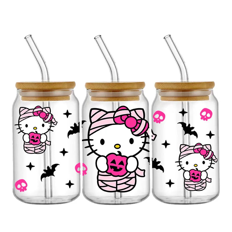 Pegatinas DIY Halloween Hello Kitty 450 ml – Autoadhesivas, Lavables para Vasos y Botella