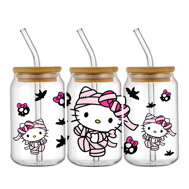 Pegatinas DIY Halloween Hello Kitty 450 ml – Autoadhesivas, Lavables para Vasos y Botella