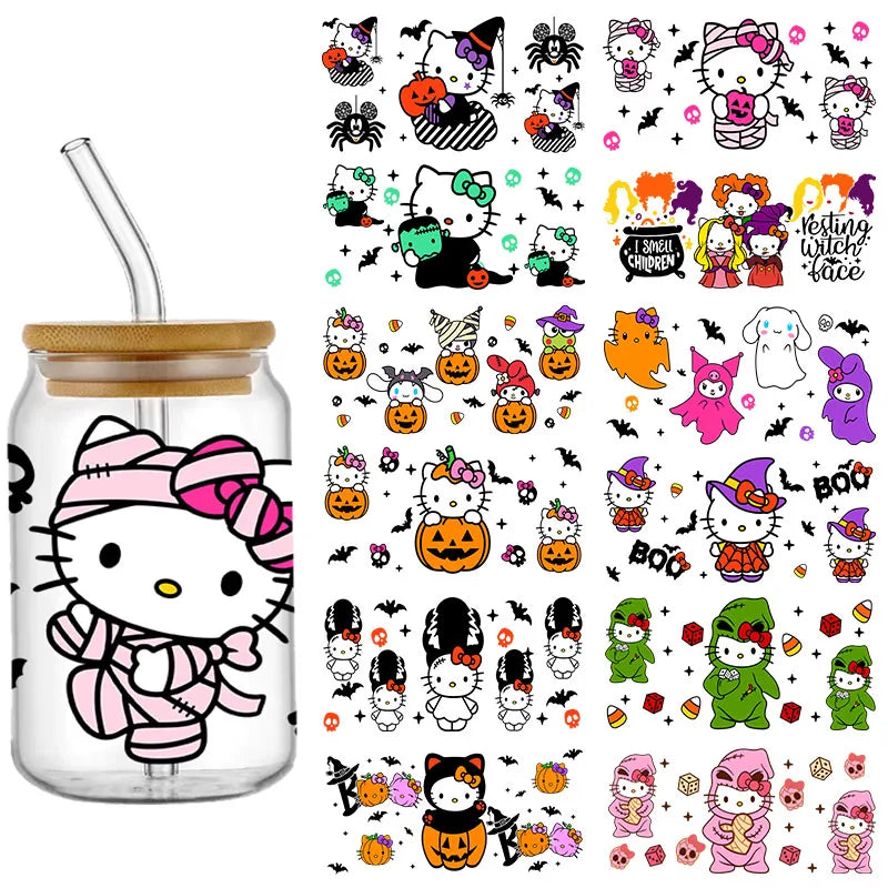 Pegatinas DIY Halloween Hello Kitty 450 ml – Autoadhesivas, Lavables para Vasos y Botella