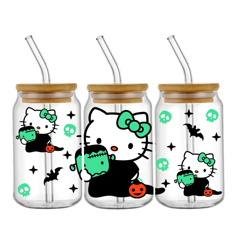 Pegatinas DIY Halloween Hello Kitty 450 ml – Autoadhesivas, Lavables para Vasos y Botella