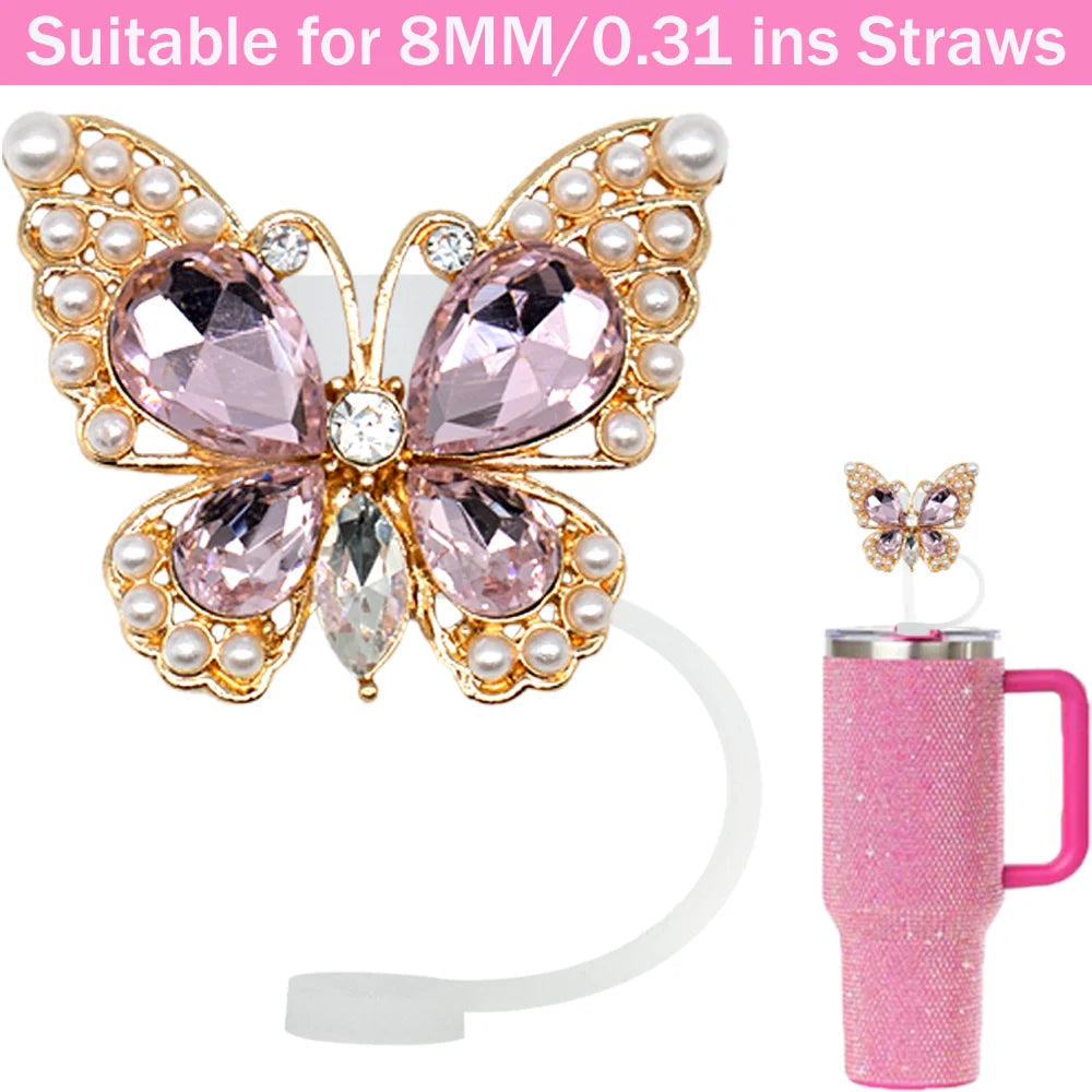 Tapas de Silicona para Pajitas 8 mm – Decoración Cristal Corazón y Mariposa, Antipolvo
