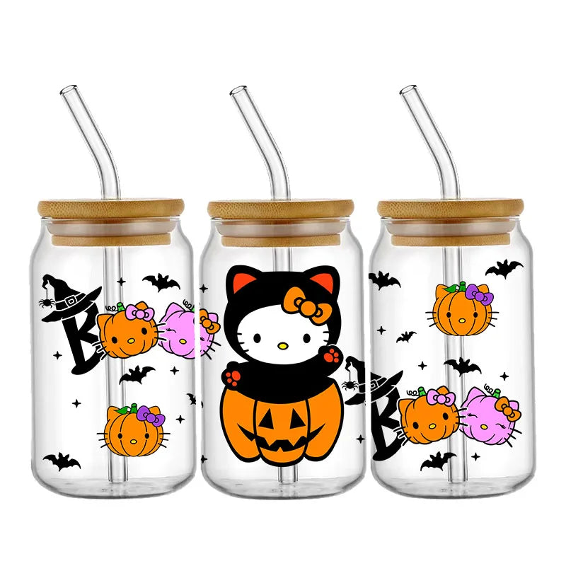 Pegatinas DIY Halloween Hello Kitty 450 ml – Autoadhesivas, Lavables para Vasos y Botella