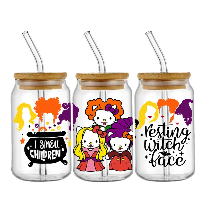 Pegatinas DIY Halloween Hello Kitty 450 ml – Autoadhesivas, Lavables para Vasos y Botella