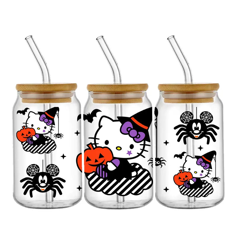 Pegatinas DIY Halloween Hello Kitty 450 ml – Autoadhesivas, Lavables para Vasos y Botella