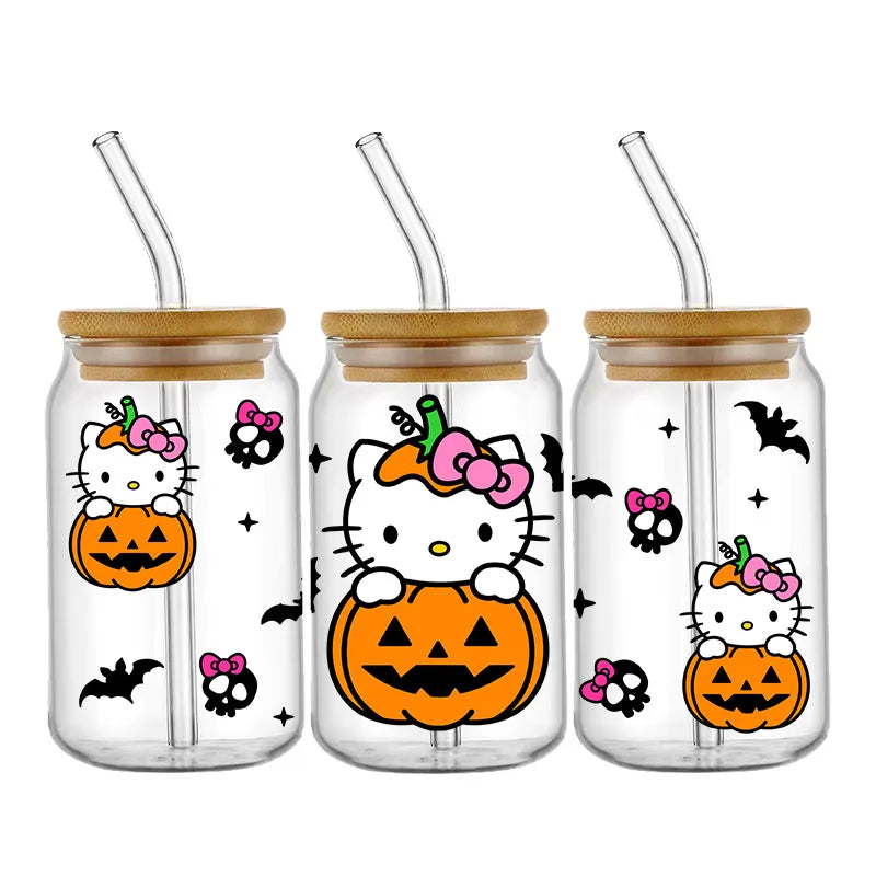 Pegatinas DIY Halloween Hello Kitty 450 ml – Autoadhesivas, Lavables para Vasos y Botella